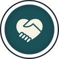 Circular icon with a white hand shaking within a heart shape, symbolizing community.