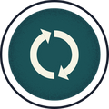 Circular icon with two white arrows forming a refresh or cycle symbol.
