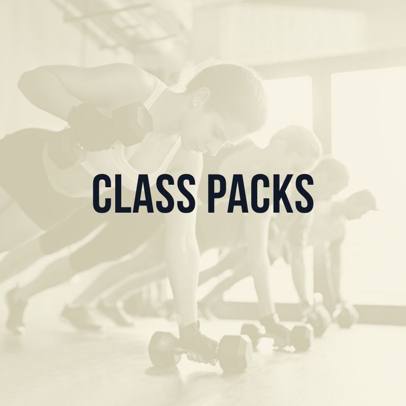 Overlay with text "CLASS PACKS" on an image of women doing dumbbell rows. Overlay with text "CLASS PACKS" on an image of women doing dumbbell rows.