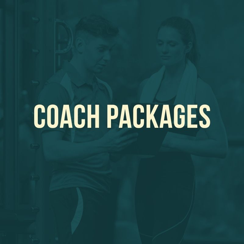 Overlay with text "COACH PACKAGES" on an image of a trainer and client reviewing a tablet. Overlay with text "COACH PACKAGES" on an image of a trainer and client reviewing a tablet.