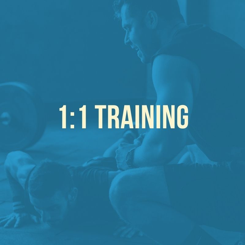 Overlay with text "1:1 TRAINING" on an image of a trainer assisting with push-ups. Overlay with text "1:1 TRAINING" on an image of a trainer assisting with push-ups.
