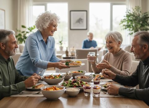 A smiling senior woman serves a plate of salmon and broccoli at a dining table filled with healthy dishes, surrounded by laughing friends. Senior Friends Enjoying a Healthy Meal Together