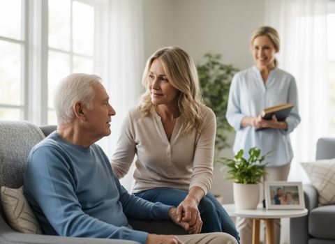 A middle-aged woman holds an elderly man's hand as they talk. A smiling caregiver stands in the background in a bright living room. Elderly Man and Woman with Caregiver in Living Room