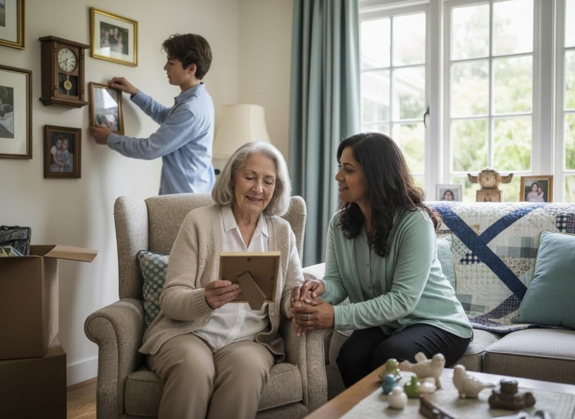 Three Generations Unpacking and Arranging Family Photos