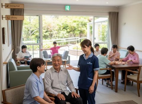 Two caregivers chat with a smiling elderly man, while other seniors read, play board games, and exercise in a bright, modern community space. Caregivers and Seniors Enjoying Activities in a Community Center