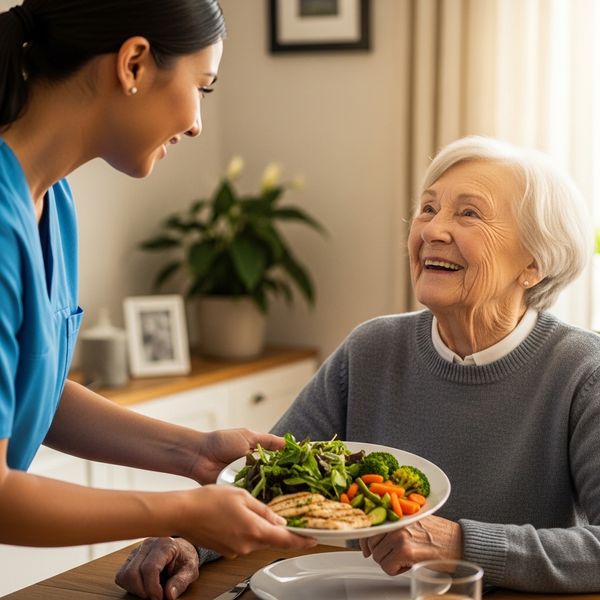 A friendly caregiver serves a nutritious home-cooked meal to an elderly individual in a bright dining room.