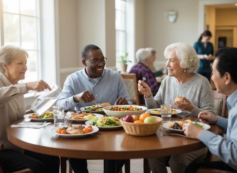 Diverse Senior Group Enjoying Meal in Dining Room