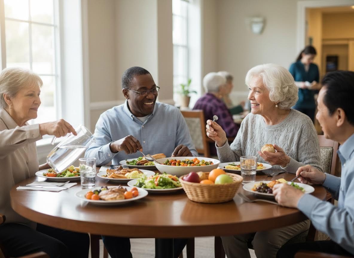 Diverse Senior Group Enjoying Meal in Dining Room