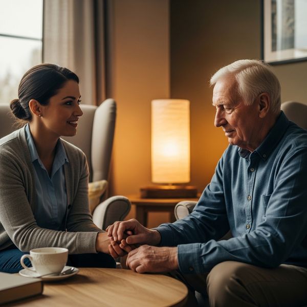 A compassionate caregiver engages in a quiet, calming conversation with a senior man during the evening hours.