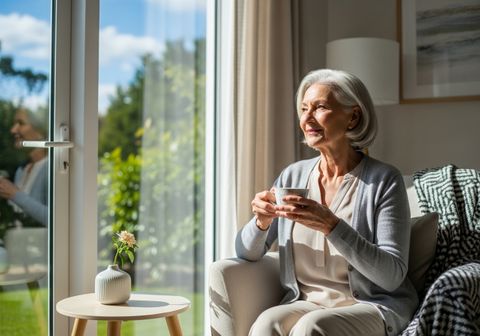 A senior woman sits comfortably in a chair by a large window, enjoying the warm natural sunlight streaming into the room.