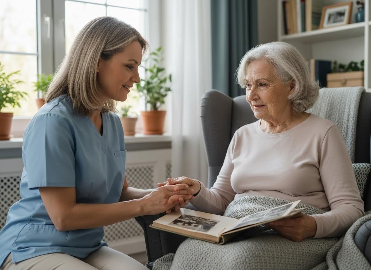 Caregiver and Senior Woman Sharing Memories with Photo Album