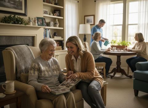 An older woman and a younger woman happily view a photo album. In the background, family members water plants and play a board game in a bright living room. Multigenerational Family Sharing Memories at Home