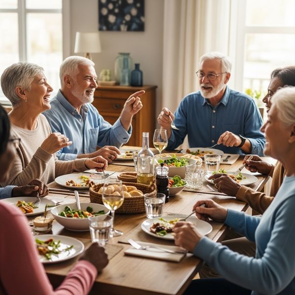 A diverse group of seniors enjoys a social meal together in a warm, family-style dining setting.
