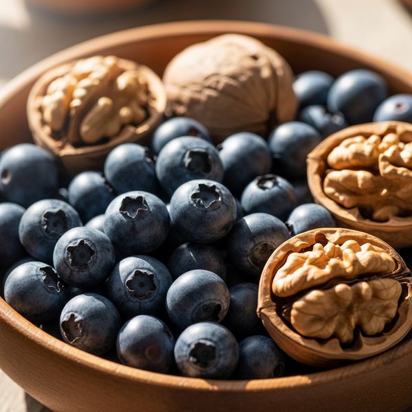 A small bowl filled with fresh blueberries and walnuts rests on a clean countertop in soft light.