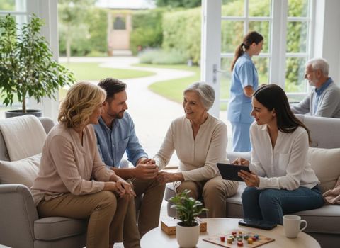 A multi-generational family and a professional caregiver smiling and talking in a modern living room, possibly reviewing care plans on a tablet. Family and caregiver discussing senior care options