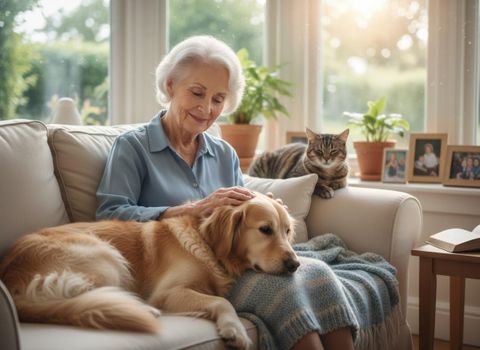 An elderly woman with white hair smiles gently while petting her golden retriever on a sofa, with a tabby cat nearby. Elderly Woman Petting Golden Retriever with Cat