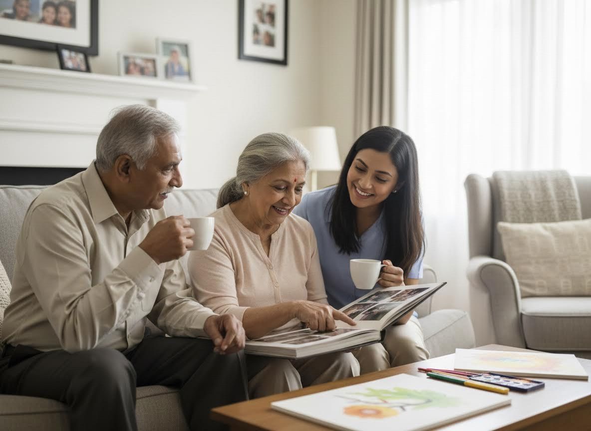 Senior Couple and Caregiver Sharing Memories with Photo Album