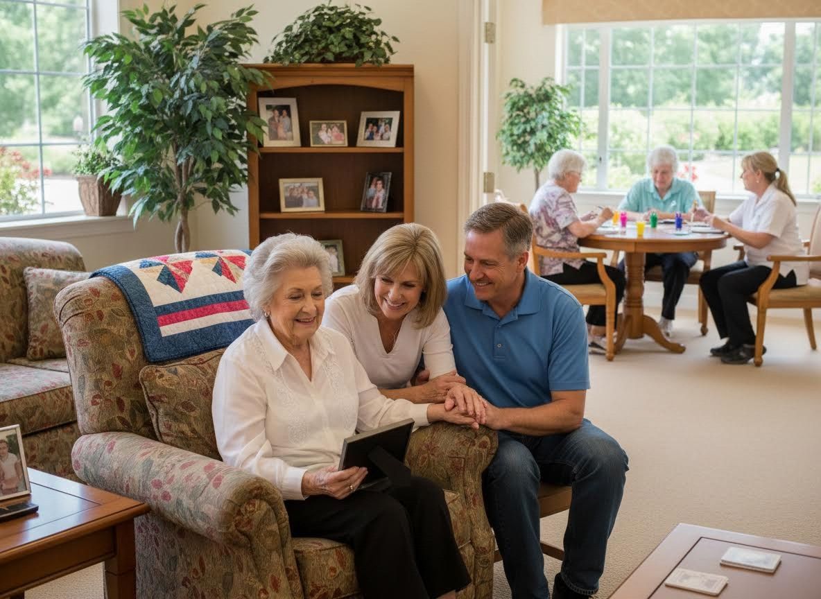 Family visiting an elderly woman in a senior living community