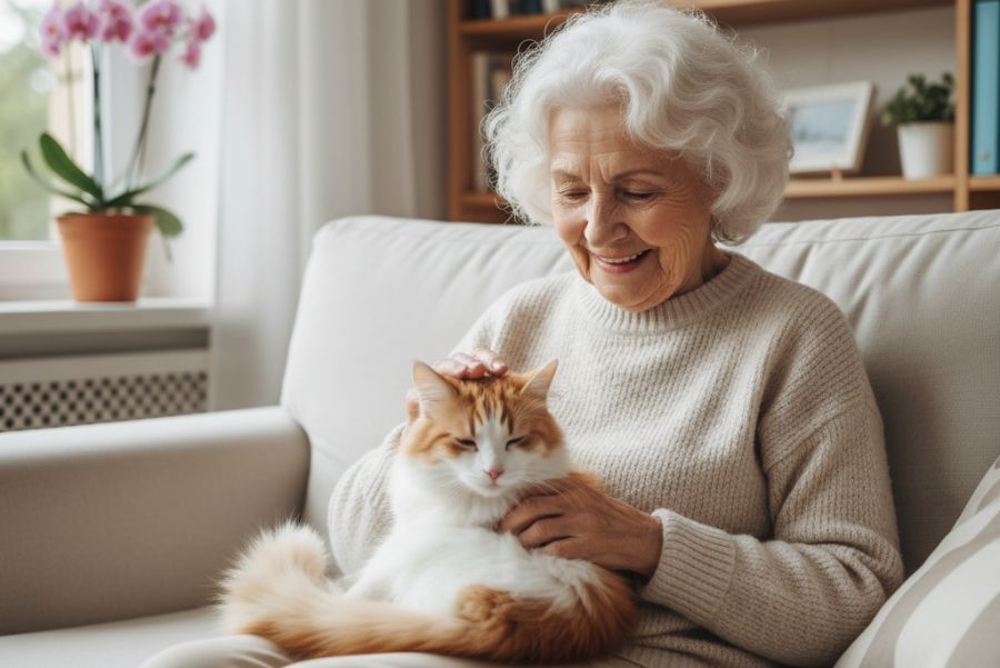woman holding her cat in an assisted living facility woman holding her cat in an assisted living facility