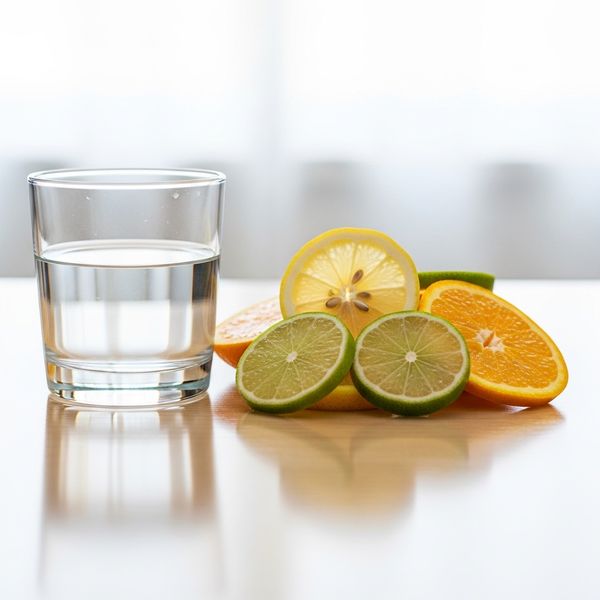 A refreshing glass of water sits next to a plate of sliced oranges on a brightly lit table.