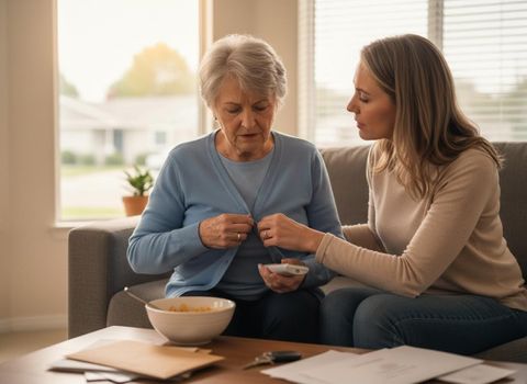 Young woman helping senior woman button sweater