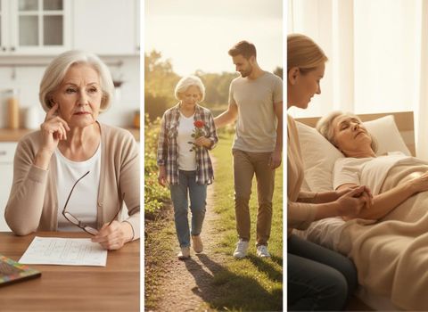 A triptych showing an older woman: pondering with a crossword, walking with a younger man, and being cared for by a younger woman in bed. An older woman's journey: thoughtful moments, family support, and care