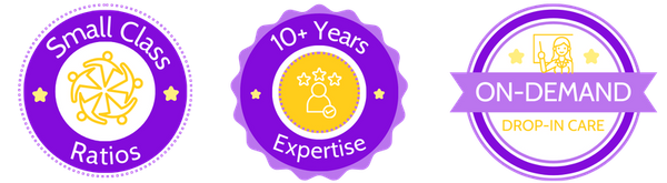 trust badges that read "small class ratios," "10+ years expertise," and "on demand drop in care."