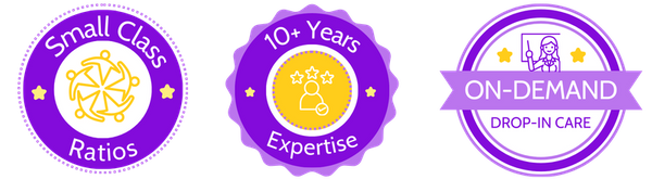 trust badges that read "small class ratios," "10+ years expertise," and "on demand drop in care."