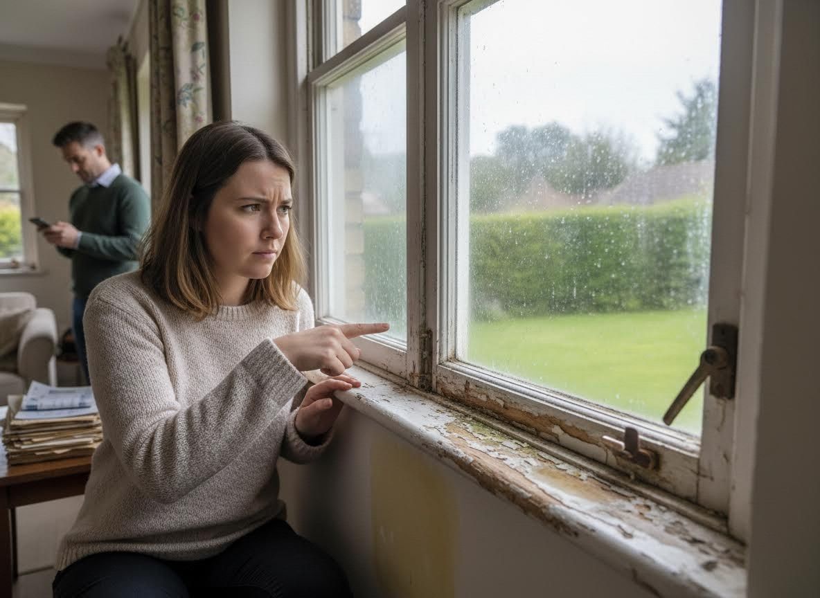 Woman pointing at damaged window sill