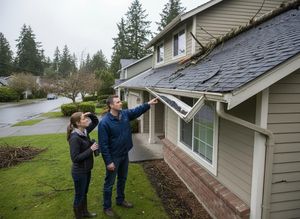 Couple Inspecting Storm Damage to House Roof and Gutter