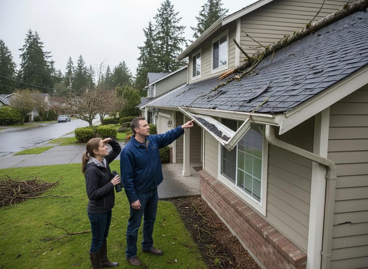 Couple Inspecting Storm Damage to House Roof and Gutter