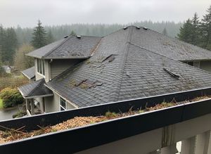 An aerial view of a house roof showing extensive shingle damage, moss growth, and a blocked gutter filled with pine needles and small rocks. Damaged Residential Roof and Clogged Gutter