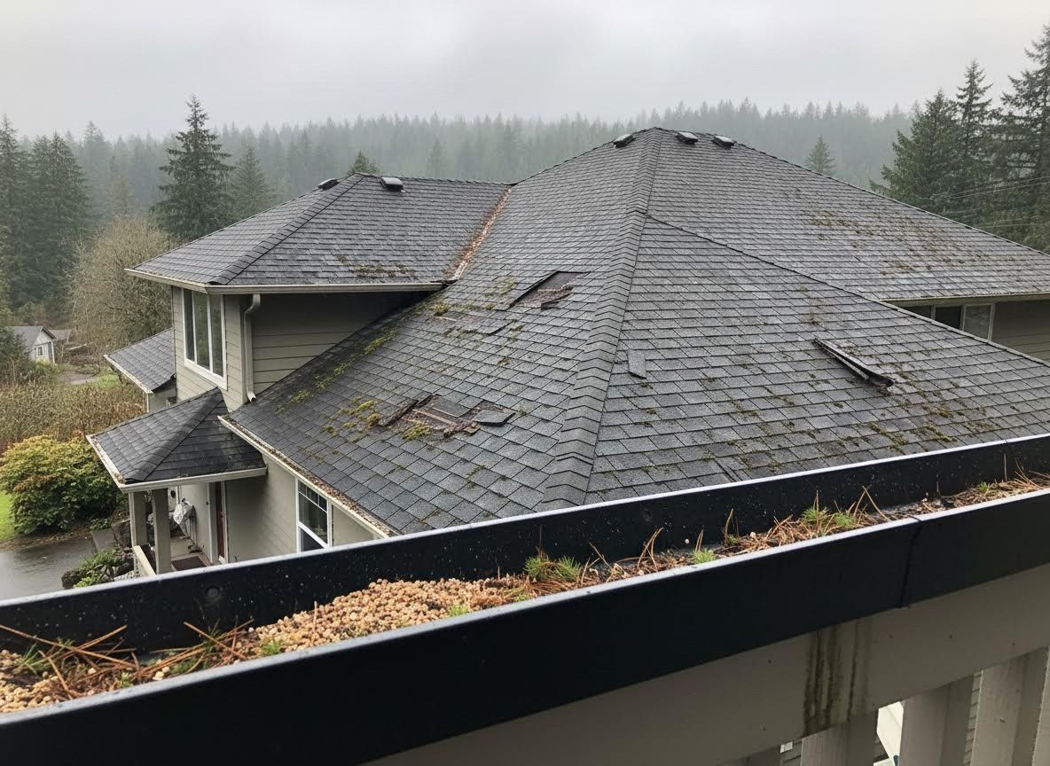 Damaged Residential Roof and Clogged Gutter