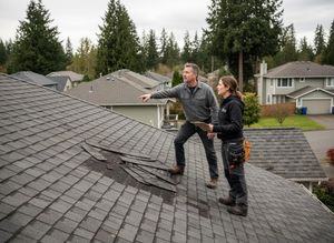 Roofers Inspecting Damaged Shingle Roof