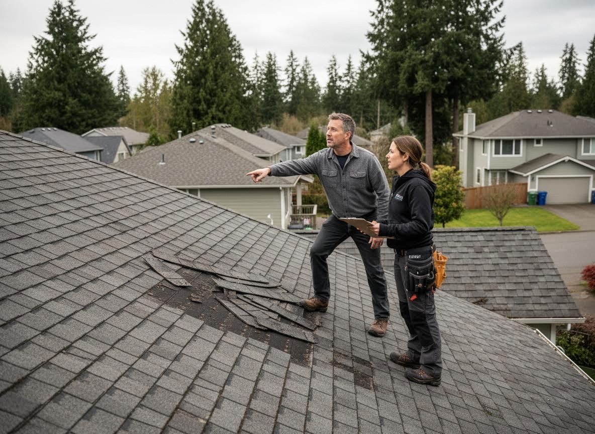 Roofers Inspecting Damaged Shingle Roof