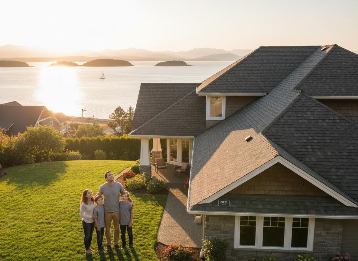 Family in front of a waterfront home at sunset