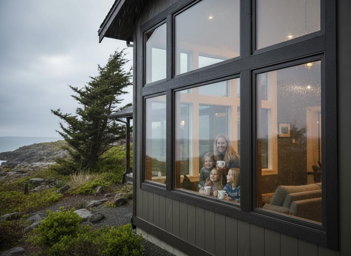 Family looking out a window at a rainy coastal view