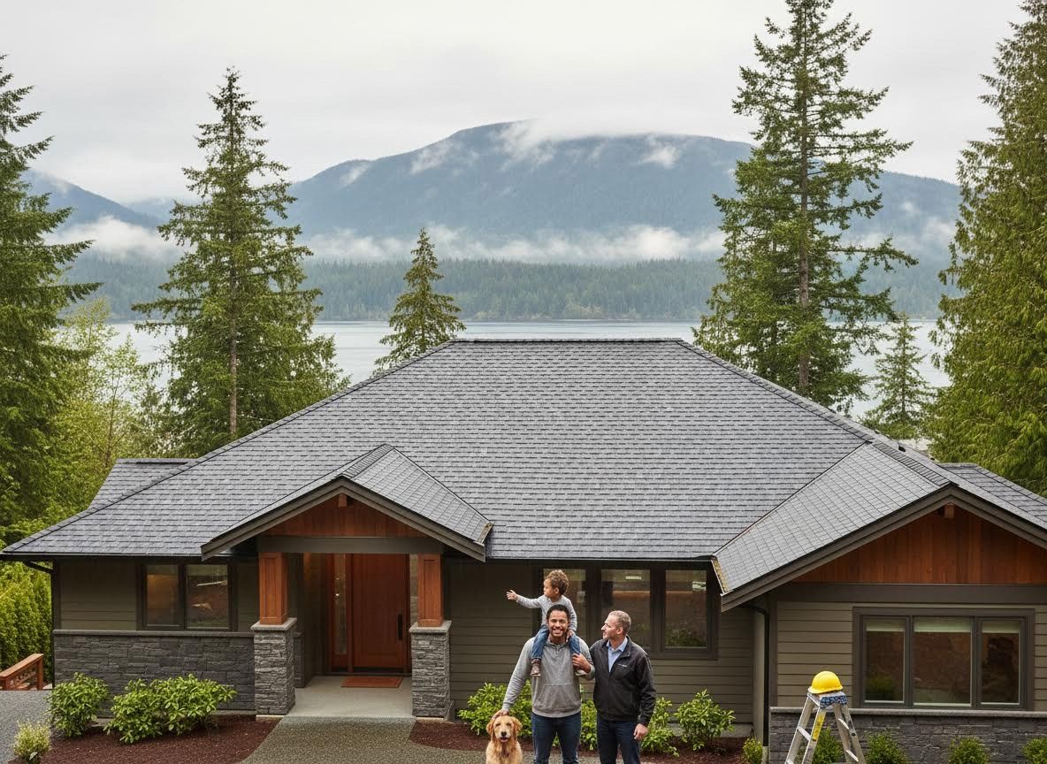 Family with child and dog in front of modern lake house