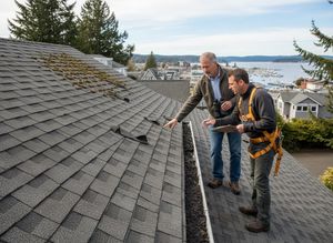 Two men on a shingled roof, one pointing at damaged areas and moss, the other taking notes. A coastal town is visible in the background. Roof Inspection with Professionals