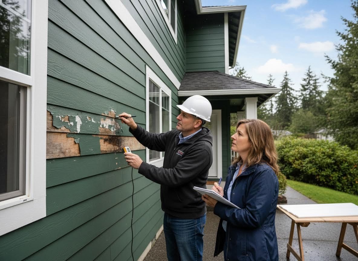 Home Inspector and Client Examining Damaged Siding