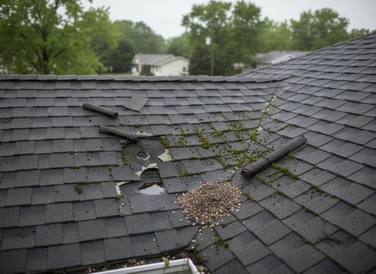 Close-up of a damaged dark asphalt shingle roof showing missing shingles, exposed underlayment, moss, granules, and a water puddle. Damaged Roof with Missing Shingles and Granules