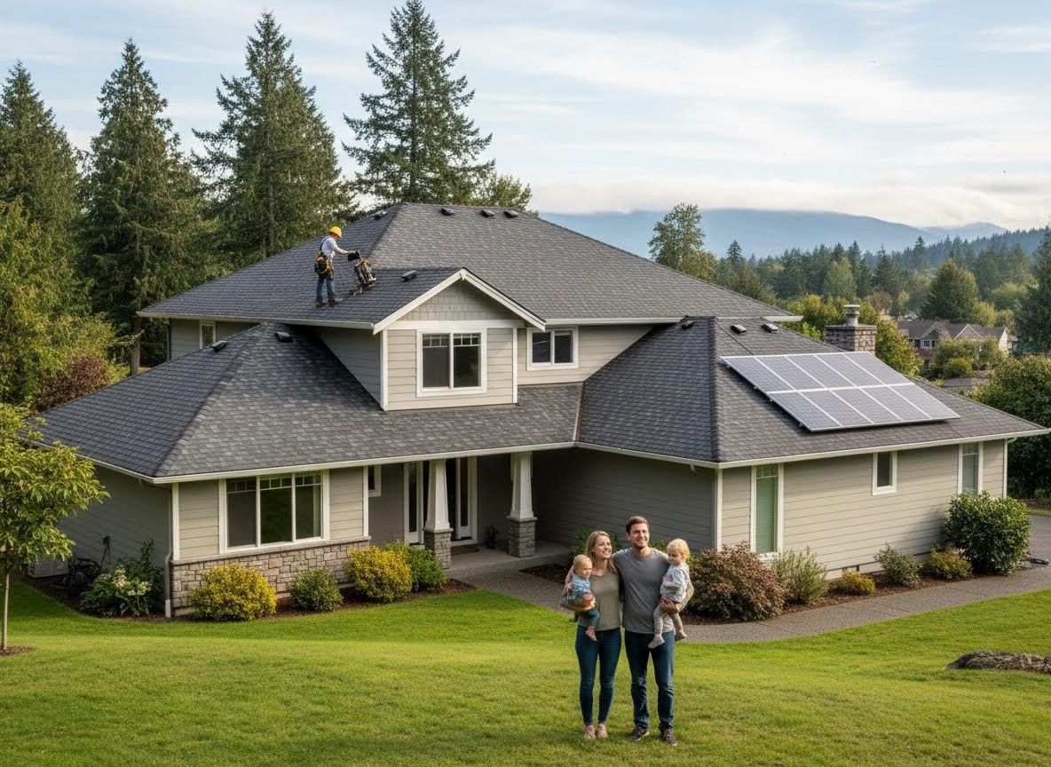 Family in front of their large home with new roof and solar panels