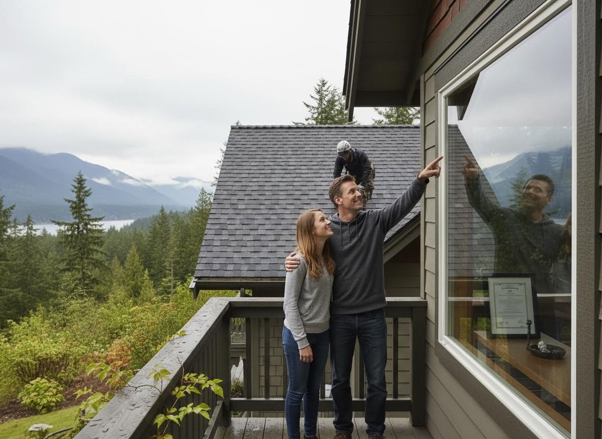 Couple and roofer at a mountain home