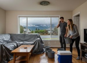 Couple dealing with severe ceiling water leak during a storm