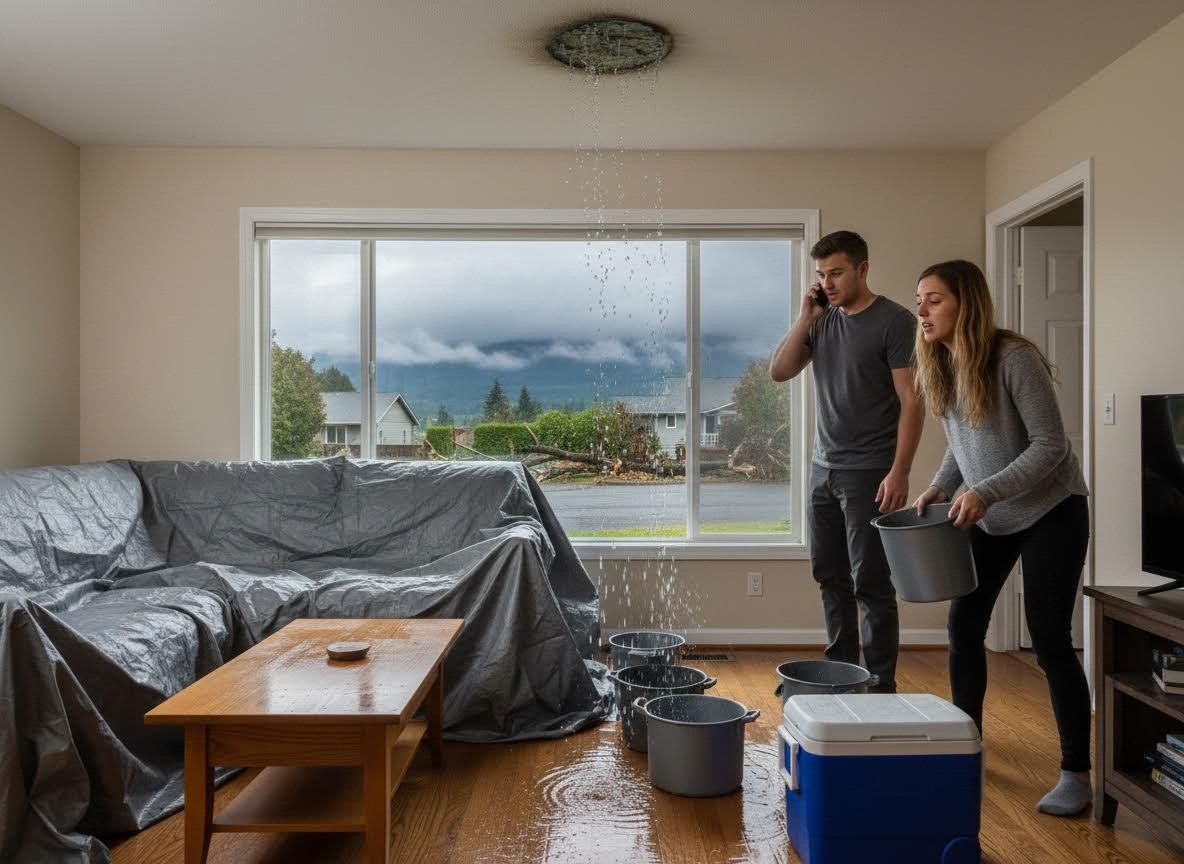 Couple dealing with severe ceiling water leak during a storm