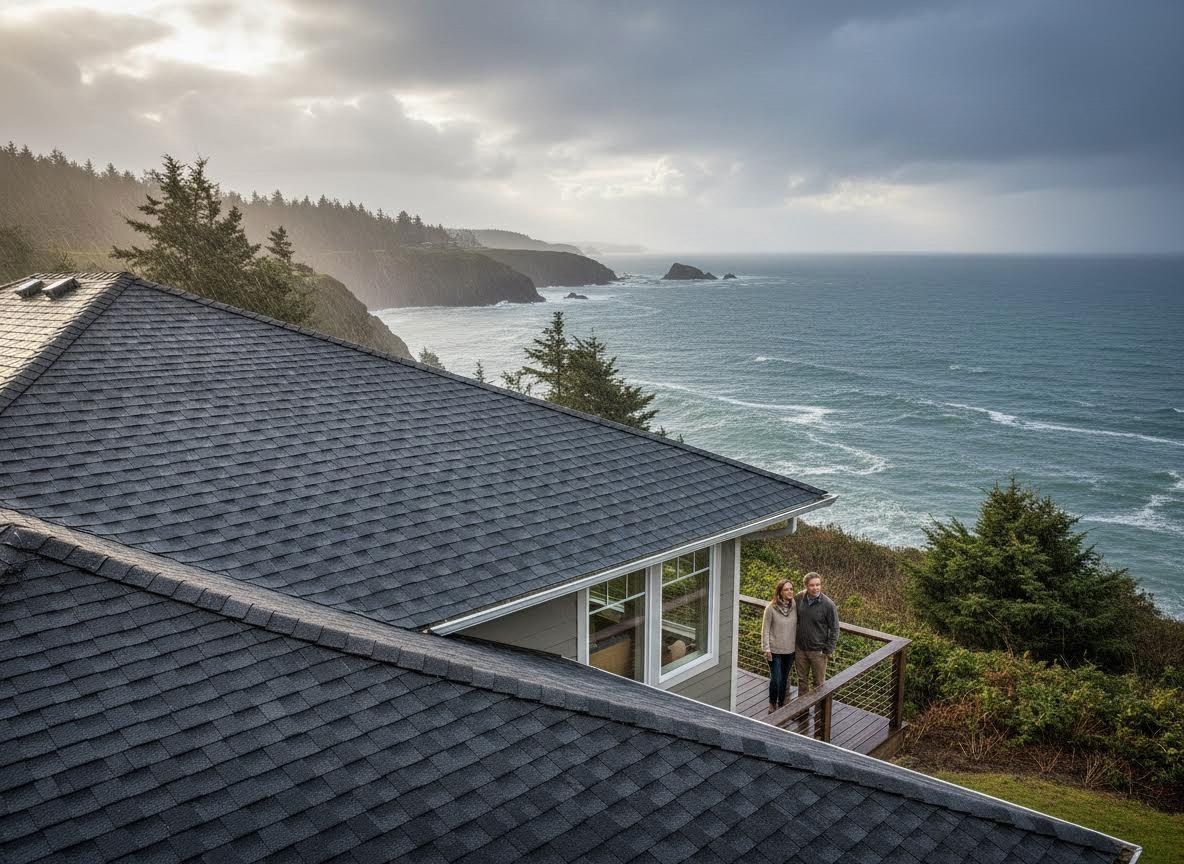 Couple on balcony of modern home with dark shingle roof overlooking rugged coastline