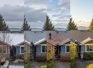 A 4-panel image showing a house through different seasons. Scenes include snow on the roof, a person clearing snow/ice, leaves on the roof, and gutter cleaning. House Exterior Seasonal Maintenance Collage