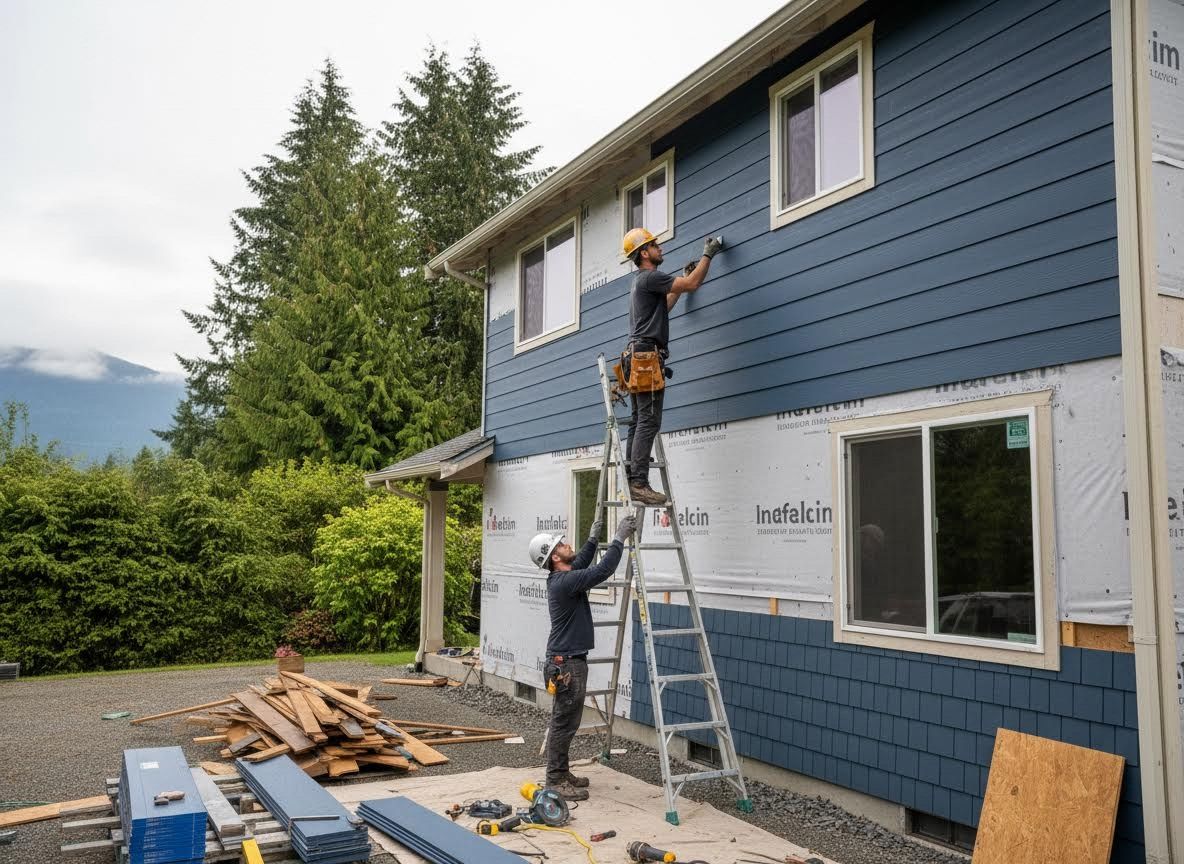 Construction workers installing blue siding on a house