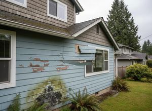 Close-up of a house exterior with cracked blue siding, peeling paint revealing wood, mold stains, and detached boards. Ferns in foreground. House with Damaged Siding and Peeling Paint