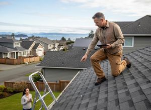 A male inspector kneels on a shingled roof, pointing and holding a tablet, while a woman watches from below. A ladder is nearby. Man Inspecting Roof with Tablet while Homeowner Watches